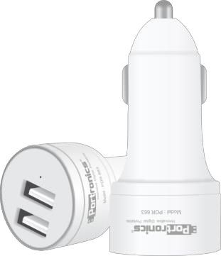 Portronics Car Power 2T POR-663, 2.4A Car Charger with Dual USB Ports, White